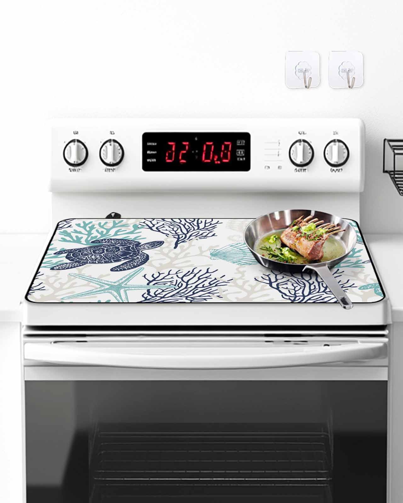 Stove Top Covers for Electric Stove, Teal Blue Coastal Glass Stovetop Cover Protector, Sea Turtle Nautical Coral Summer Beach Induction Cooktop Protector Oven Mat for Kitchen Countertop 24"x21"