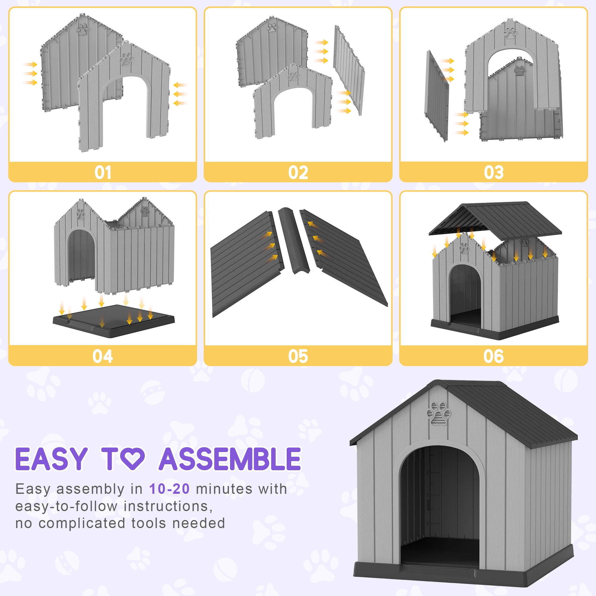 Nihsuao Dog House for Medium Large Dogs, Durable PP Waterproof Outdoor & Indoor Dog Shelter with Air Vents, Elevated Floor, Easy Clean and Assemble, Black (36.2"L×38"W×38"H)