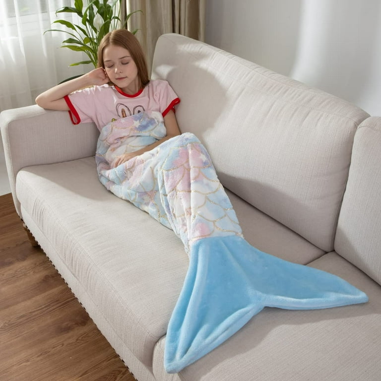 Mermaid Tail Blankets Glittering Wearable Cute Cozy Soft Flannel Rainbow Colorful Mermaid Tail Blanket for Kids 5 12 Year