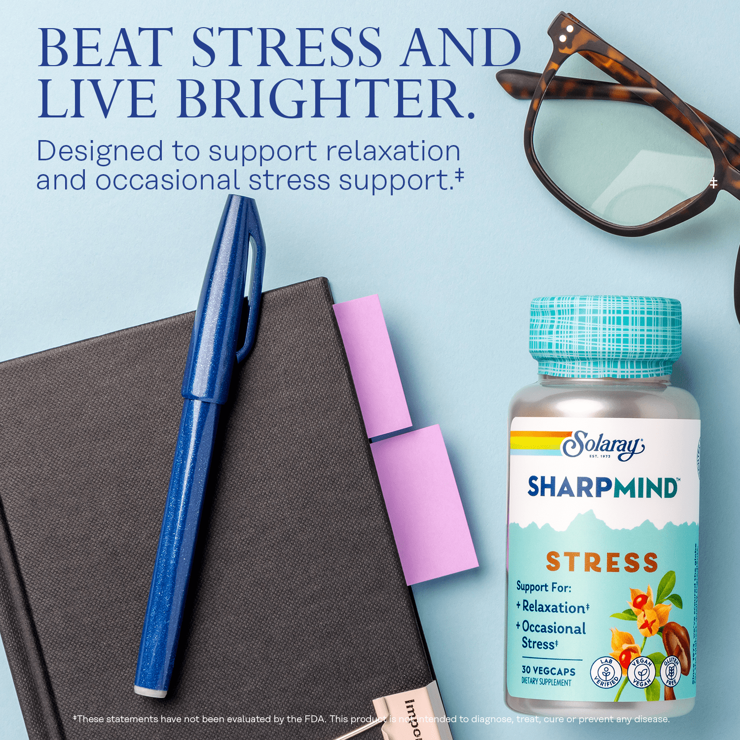 Solaray SharpMind Stress, Nootropic Mood Support Supplement, For Relaxation and Occasional Stress Relief Support, Adaptogen with Ashwagandha, L Theanine, 60 Day Money Guarantee, 30 Serv 30 VegCaps