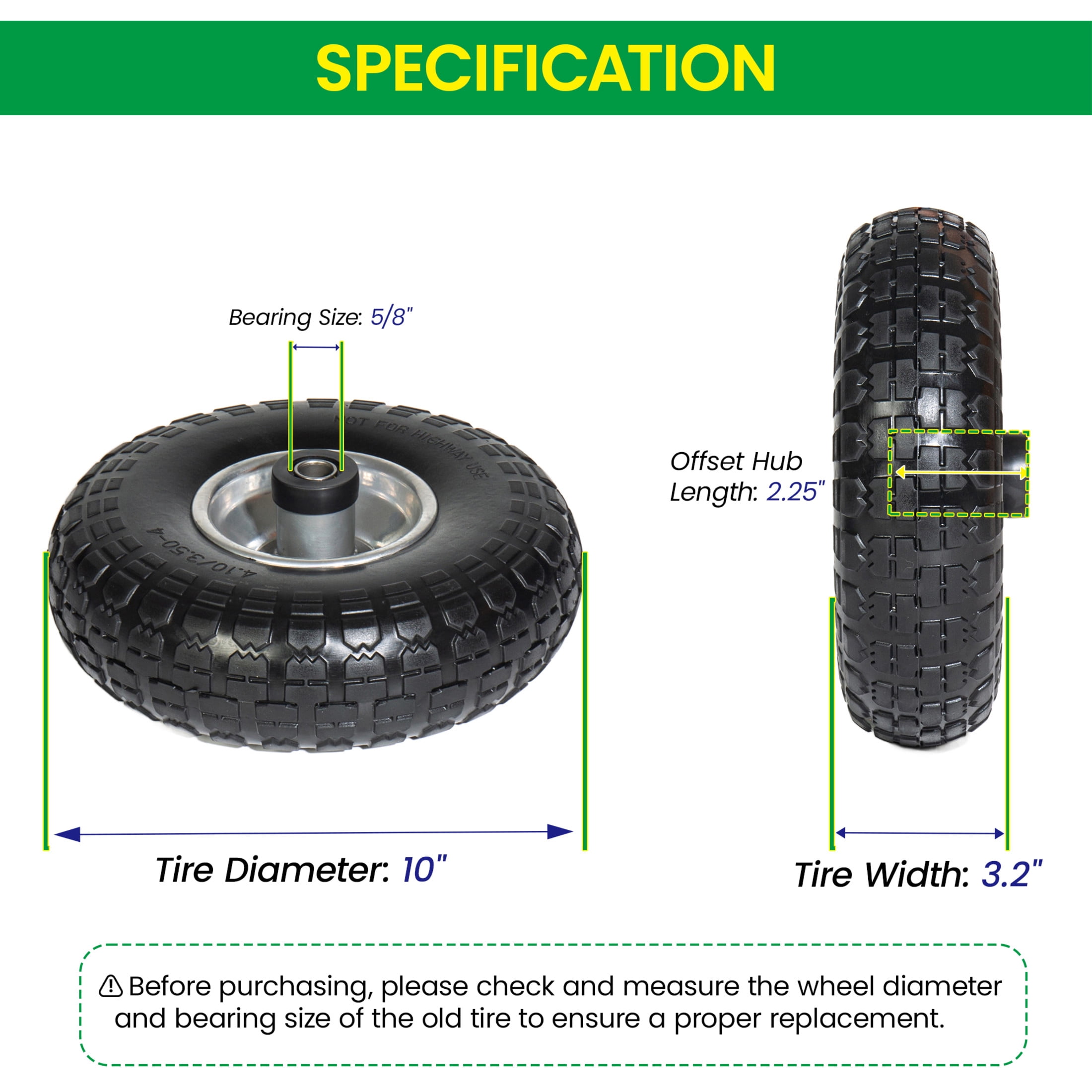 Noble House 10" x 3.2" Solid Flat-Free Tire & Wheel with 5/8" Bearings, Black, Heavy Duty for Wheelbarrows, Set of 4