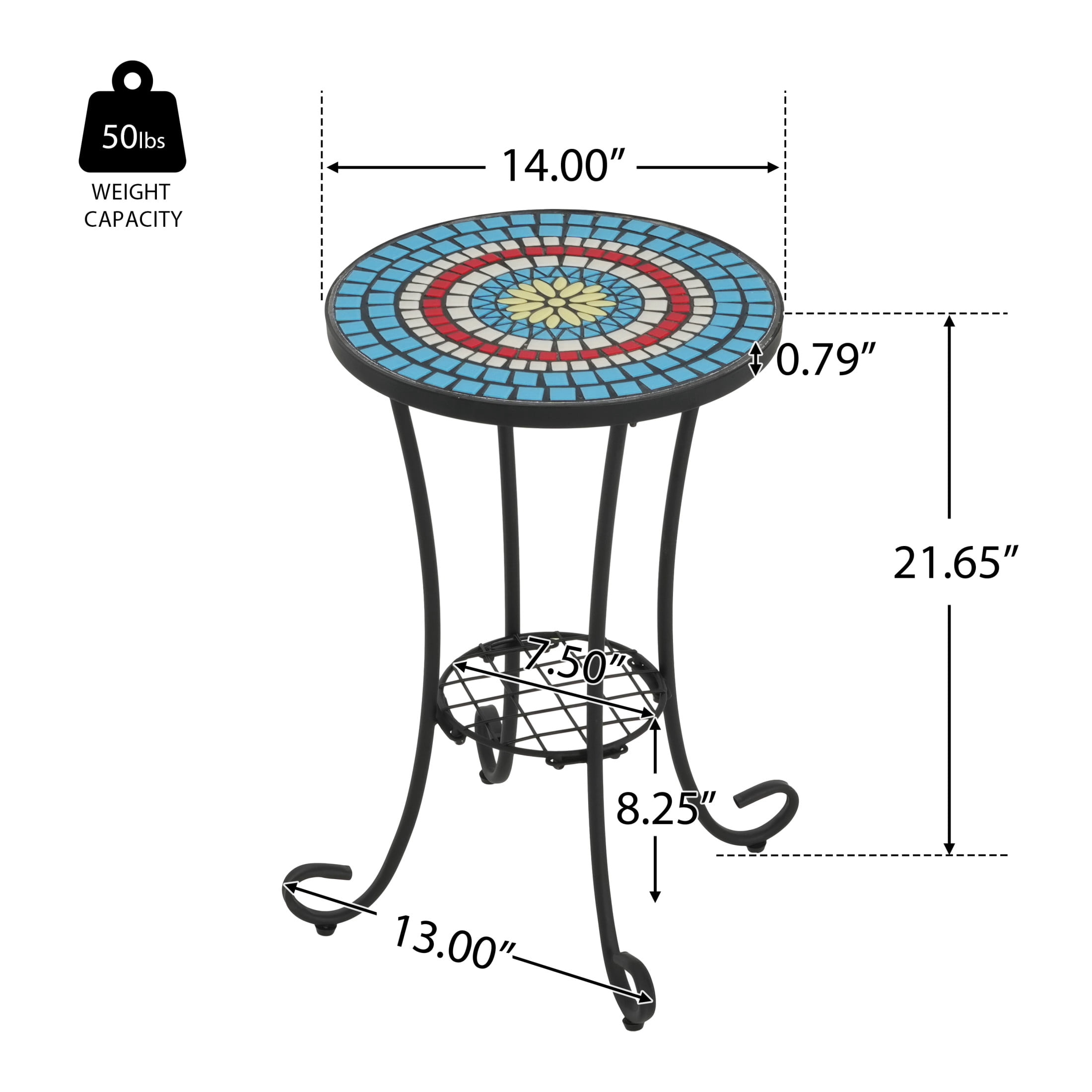 Trulisa Outdoor Patio Round Side Table with Shelf, Ceramic Tile, Iron, Black + Colorful