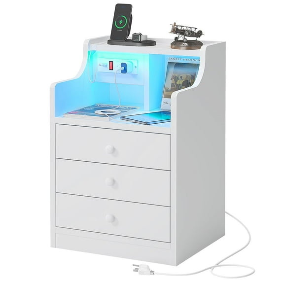 Afuhokles Nightstand with Charging Station and LED Lights,Night Stand with Hutch,Bedside Table with Drawers for Bedroom,White