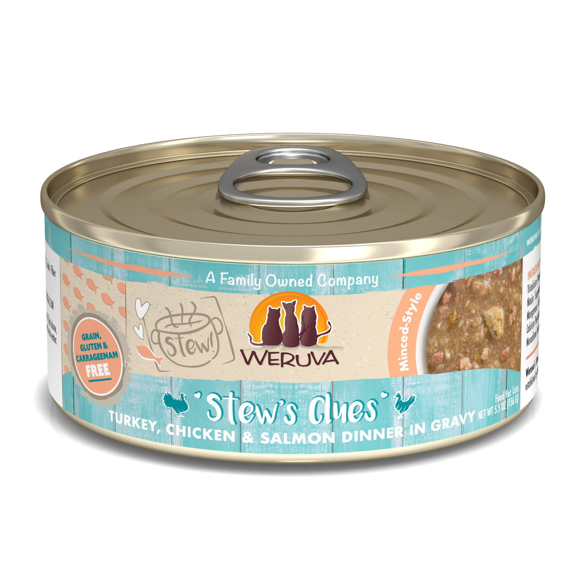 Weruva Stew! Stew's Clues Turkey, Chicken & Salmon Dinner in Gravy Wet Cat Food, 5.5 oz., Case of 8
