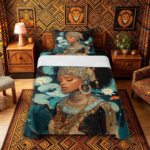 Castle Fairy Elegant African Queen Twin Sheets 3pcs,Serene Lotus Koi Fish Bedding,Teal Gold White,1 Fitted Sheet, 1 Flat Sheet and 1 Pillowcase