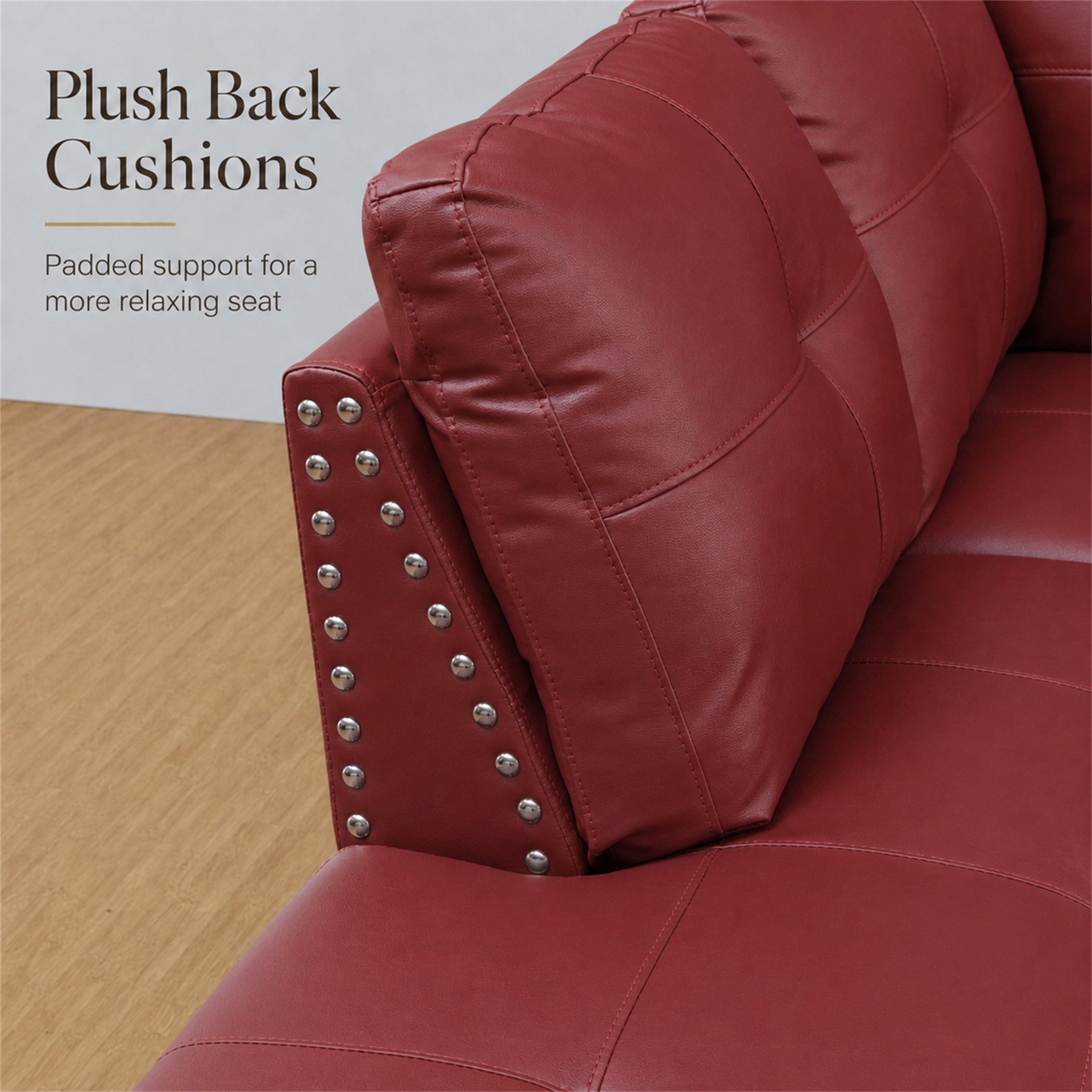Aukfa 98" L Shaped Sectional Couch with Cup Holder Console, Tufted Back&Nailhead Trim, Oversized Left Chaise Leather Sofa for Living Room, Red