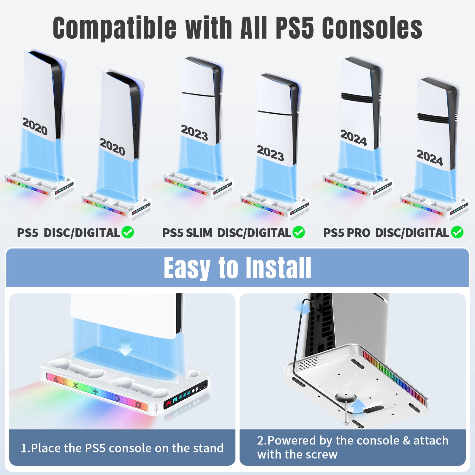 ZYTHRONE PS5/ Slim/Pro Cooling station with Fast Contoller Charger for PlayStation 5 Disc & Digital Console Stand, RGB Light, Quiet Cooling Fan, Headset Holder