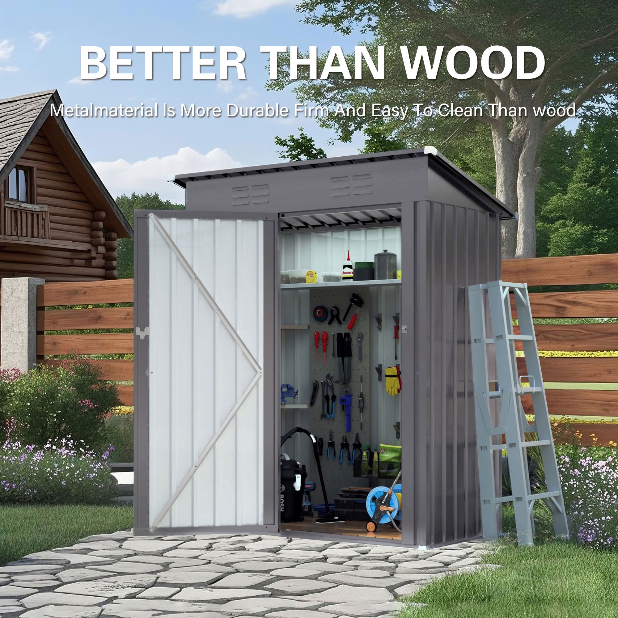 MAYEERTY 5x3 FT Metal Outdoor Storage Shed, Tool Shed with Pitched Roof & Lockable Door, for Garden, Backyard, Patio, Bike & Sundries Storage, Gray