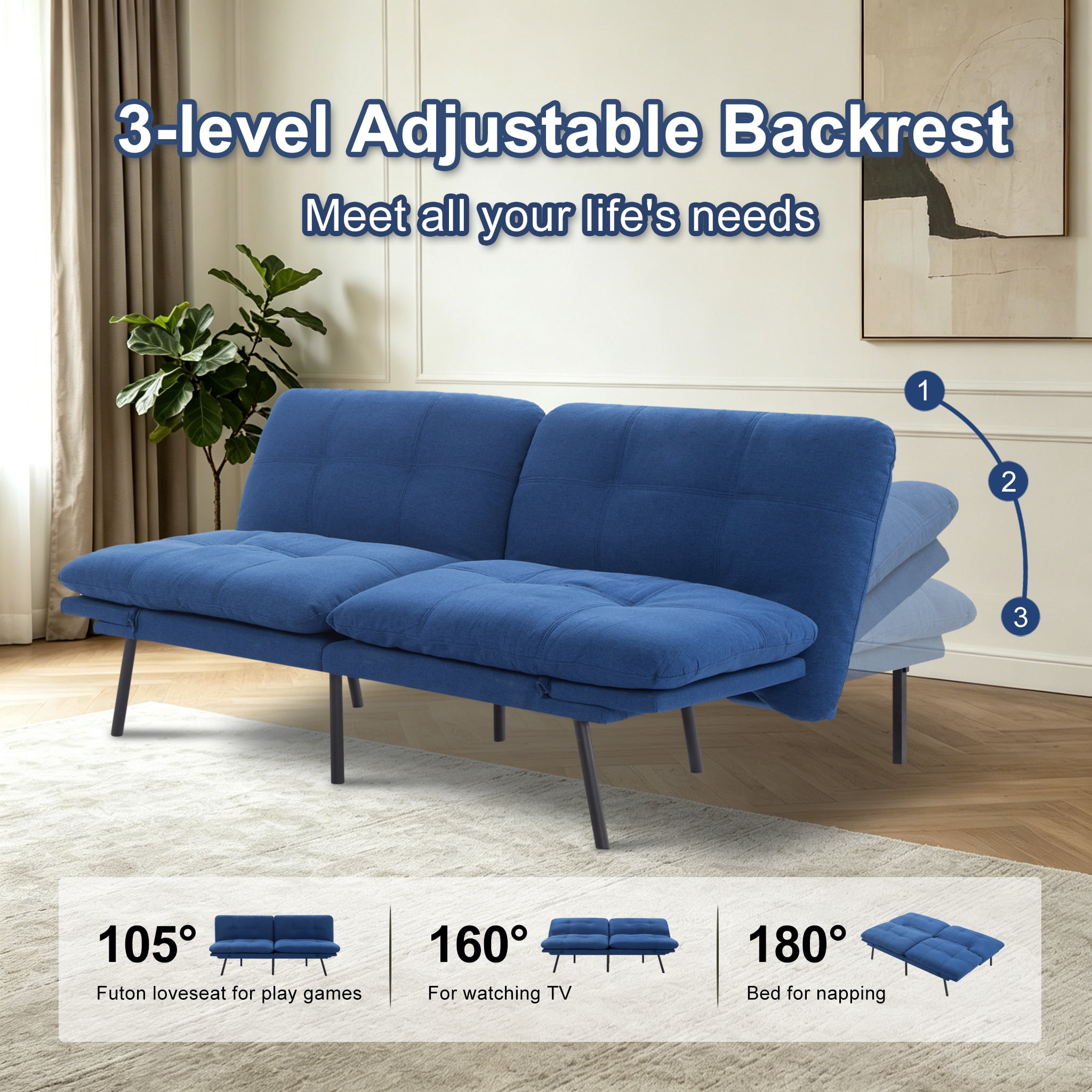 BSHTI 70.87" Convertible Futon Sofa Bed, Linen Fabric 2-Seater Sleeper Couch with 5-Level Adjustable Backrest & Armrests for Living Room, Office, Guest Room, Small Spaces