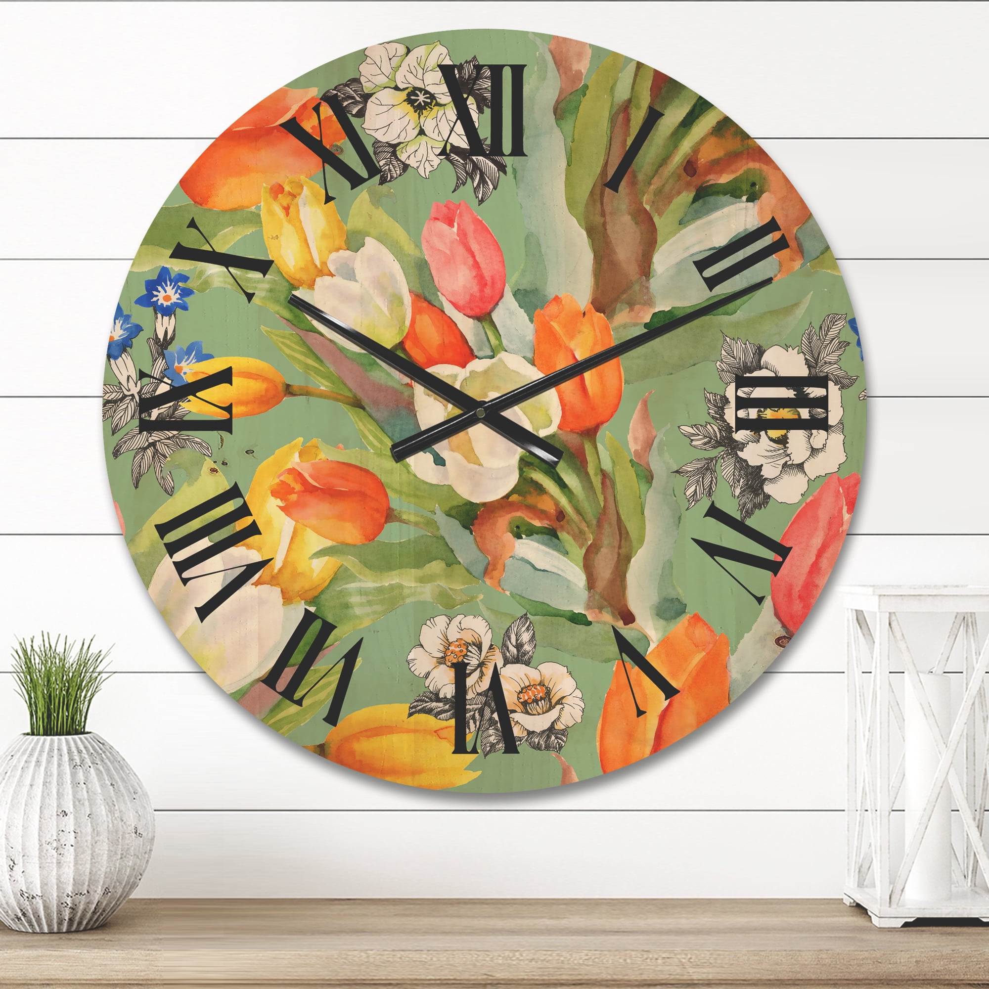 Designart 'Blooming Orange and White Tulips II' Traditional Wood Wall Clock