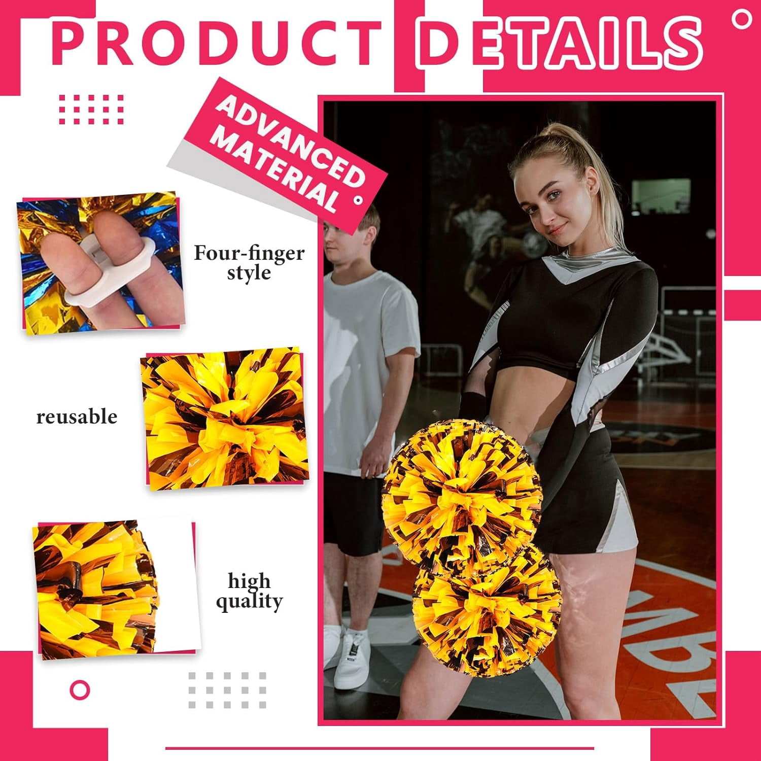 20 Pcs Cheerleading poms,pom poms Cheerleading with Finger Holes Metallic Foil Cheer Pom Pomsfor Dance, Matches, Team Spirit Sports (Black+Green)