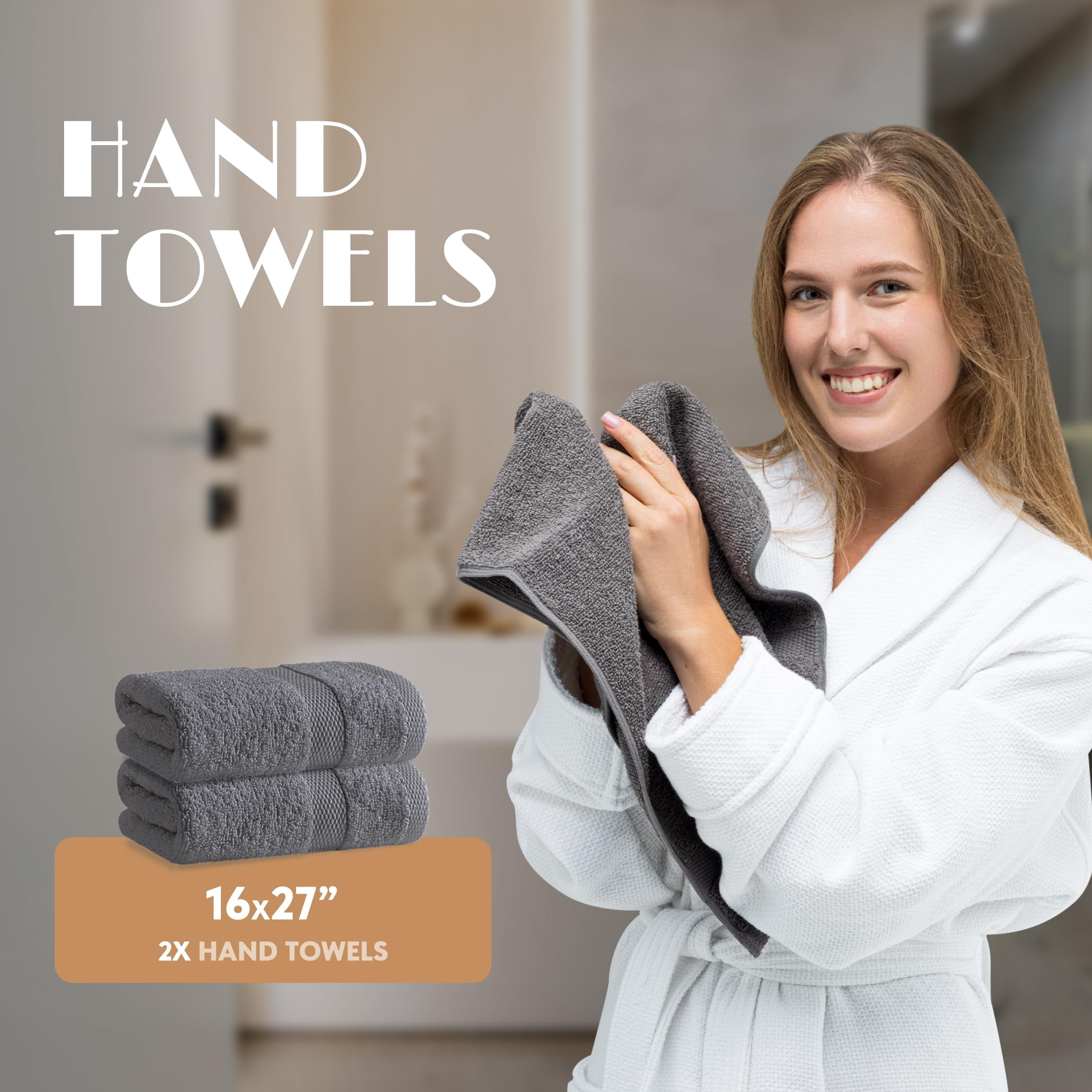 White Classic Gray Bath Towel Set of 6 - 100% Cotton Highly Absorbent Towels for Bathroom, 2 Luxury Bath Towels 650GSM, 2 Hand Towels, 2 Washcloths