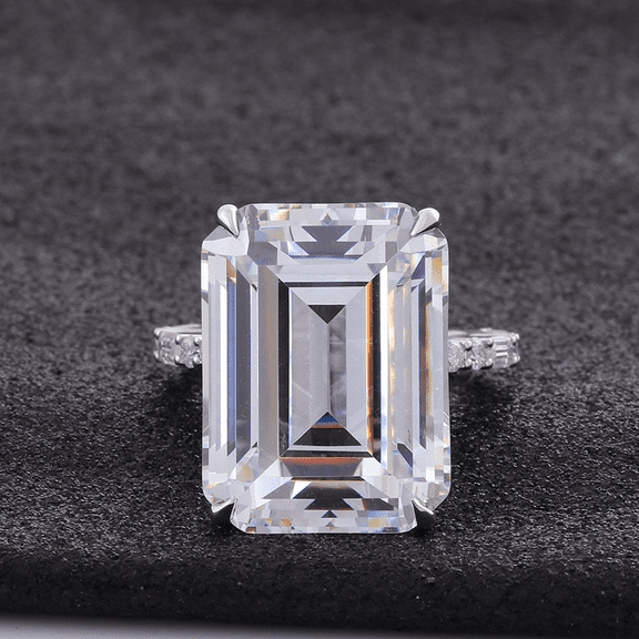 Eclet Jewels White Gold Over 14K Silver Diamond Rings - Excellent 2.4 Ct Emerald Cut Lab Created Simulated Diamond Ring - Solitaire with Accent Diamond Rings for Her - Simple Engagement Wedding Ring
