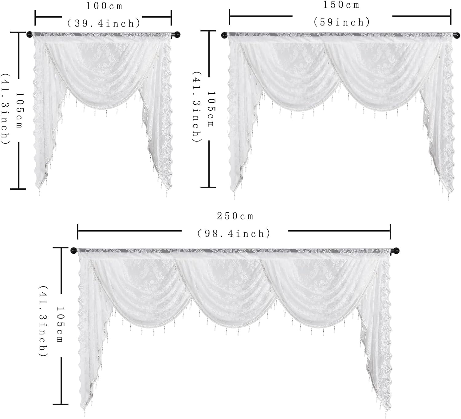 XmhyTop-A White Window Valance 150x105cm, 1 Piece Bead Tassels Floral Semi Sheer Rod Pocket Valance Curtains, Decorative Lace Valance for Home