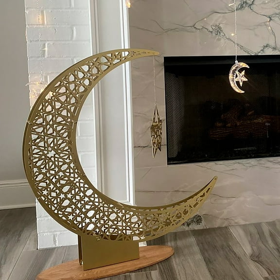 iwa concept Metal Crescent Moon and Star Islamic Decoration for Home - Gold - Small 52 cm