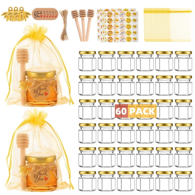 Mini tarros de miel de vidrio GIVAMEIHF de 45 ml con cazos de madera, 60 unidades