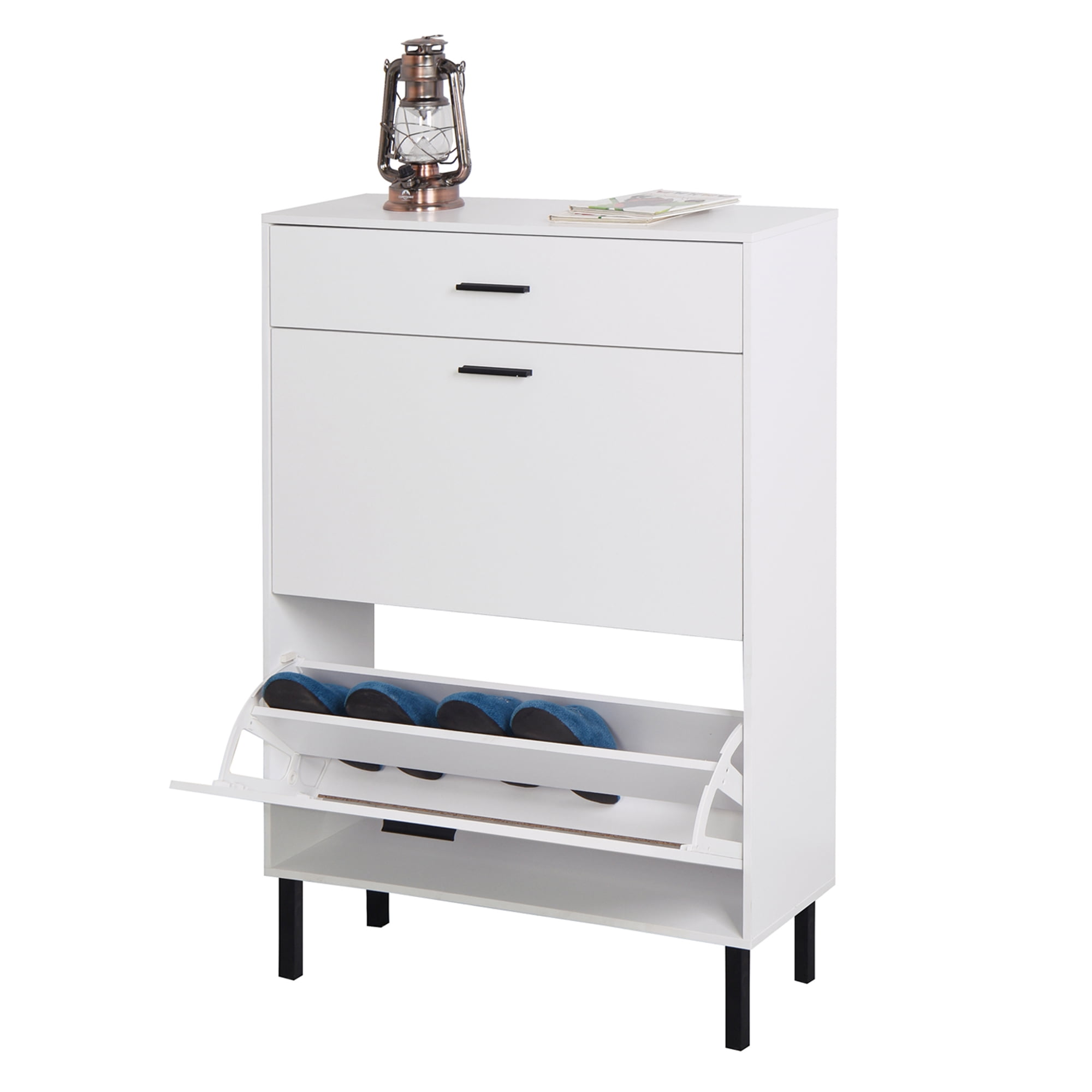 Kadyn 43.30"H Shoe Cabinet, Freestanding Shoe Rack Storage Organizer with Drawers & Metal Legs, White Shoe Storage Cabinet with 2 Flip Drawers for Entryway