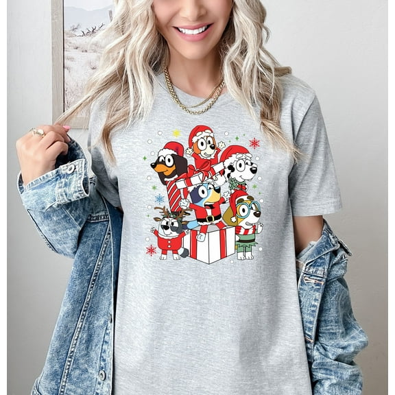 Moonlight Apparel Bluey Christmas Family Gift Box T-Shirt Holiday Cartoon Character Tee for Kids & Adults Cute Matching Festive Outfit White Winter Graphic Top for Boys Girls Men Women