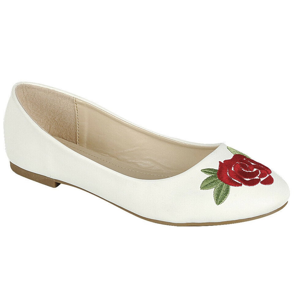 Women Fashion Flat Designer Embroidery Flower Shoes Big Rose White