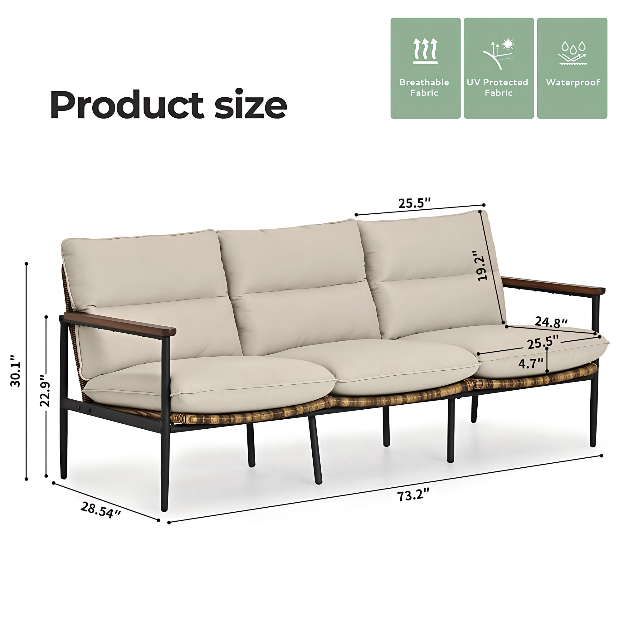 Aluminum Outdoor Patio Sofa, 3-Seat Couch with Wicker Backrest & Acacia Wood Armrests, 4.7" Olefin Cushions, Weather-Resistant for Backyard, Balcony, Porch