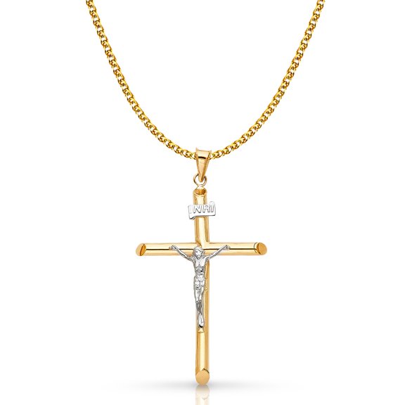 14K Two Tone Gold Crucifix Cross Pendant with 1.7mm Flat Open Wheat Chain Chain Necklace