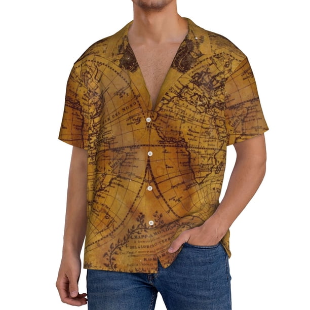 Fotbe Vintage Map Camisa Estampada de Manga Corta para Hombre, Casual de Verano, Estilo Playero, Sin Arrugas-XX-Large