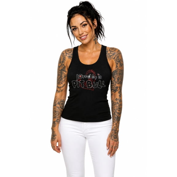 Loved By A Pit Bull Women Bling Fitted Tank Top & Can Holder-Multi-pack Pitbull Accessories (Small)