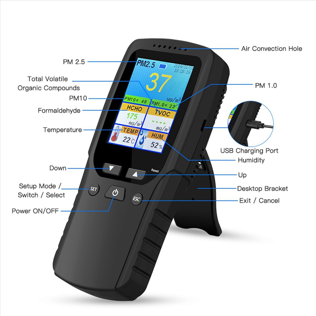 2X 9 in 1 Air Quality Monitor Indoor Outdoor PM2.5, PM1.0, PM10, HCHO, Detector Tester Temperature and Humidity Sensor