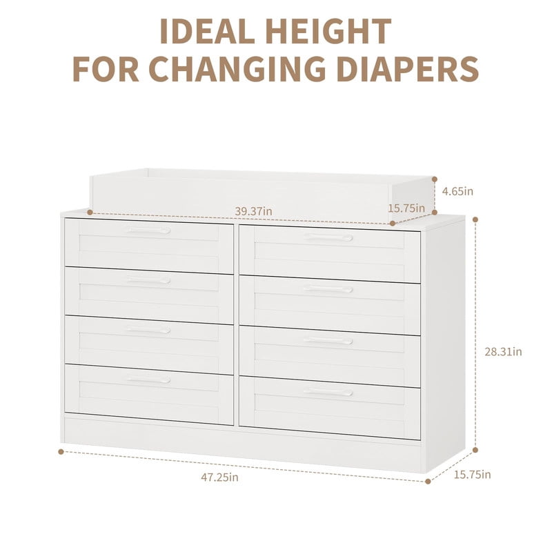 TROPOW Table Dresser with 8 Wood Drawers, Classic Nursery Dresser, Changing Shelves, Multi-Functional Diaper Changing Station, Dresser for Bedroom