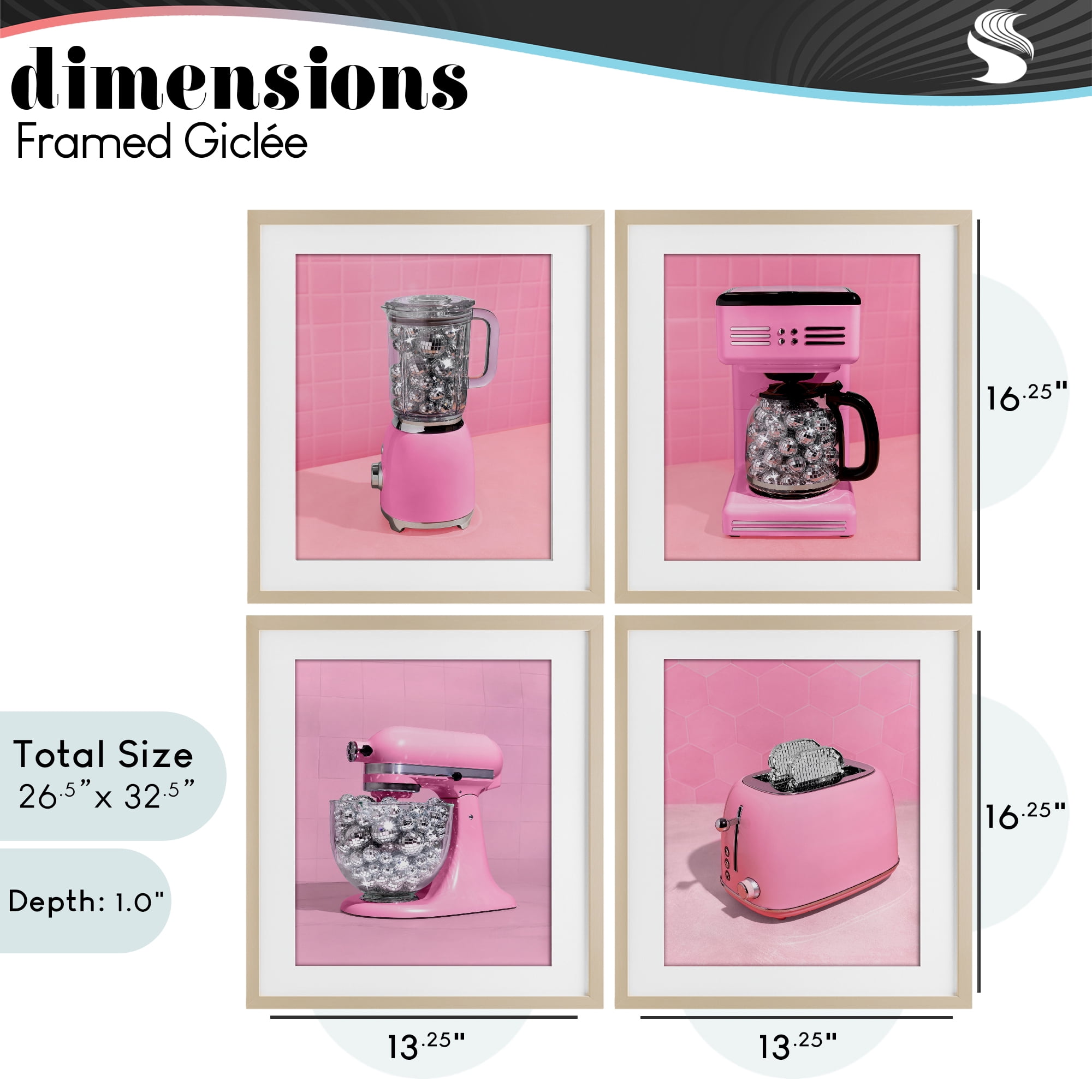 Stupell Industries Disco Drink Blender over Pink 4 Piece Birch Framed Print Under Glass Set, design by LISH Creative