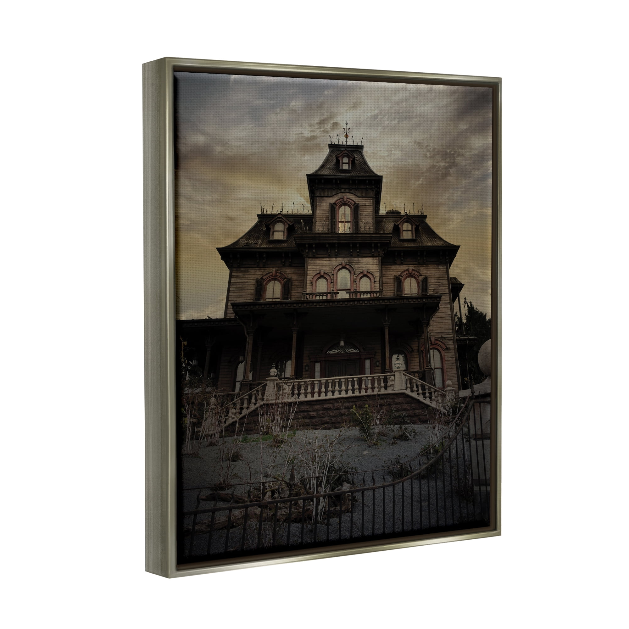 Stupell Industries Haunted House Landscape Nature Painting Gray Floater Framed Art Print Wall Art, 25 x 31
