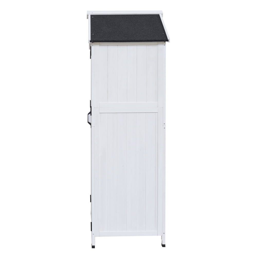 Spacious White Fir Wood Storage Shed, 67-Inch Tall with Dual Doors, Triangular Roof, and 4 Interior Compartments for Organized Garden Tool Storage