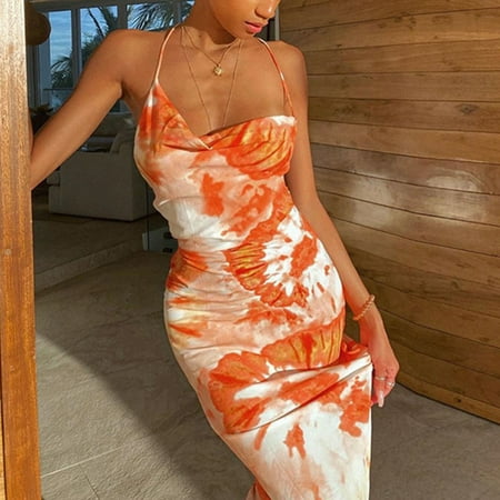 

Women Dresses Summer Ladies Fashion Print Color Halter Round Neck Long Dress Party Elegant Comfortable Tulip Style Floral Slim Straps M