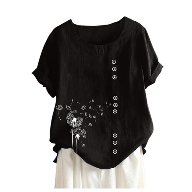Pompotops Womens Casual Loose Button Linen Plus Size Daily Boho Tanic T-Shirt Blouse Tops