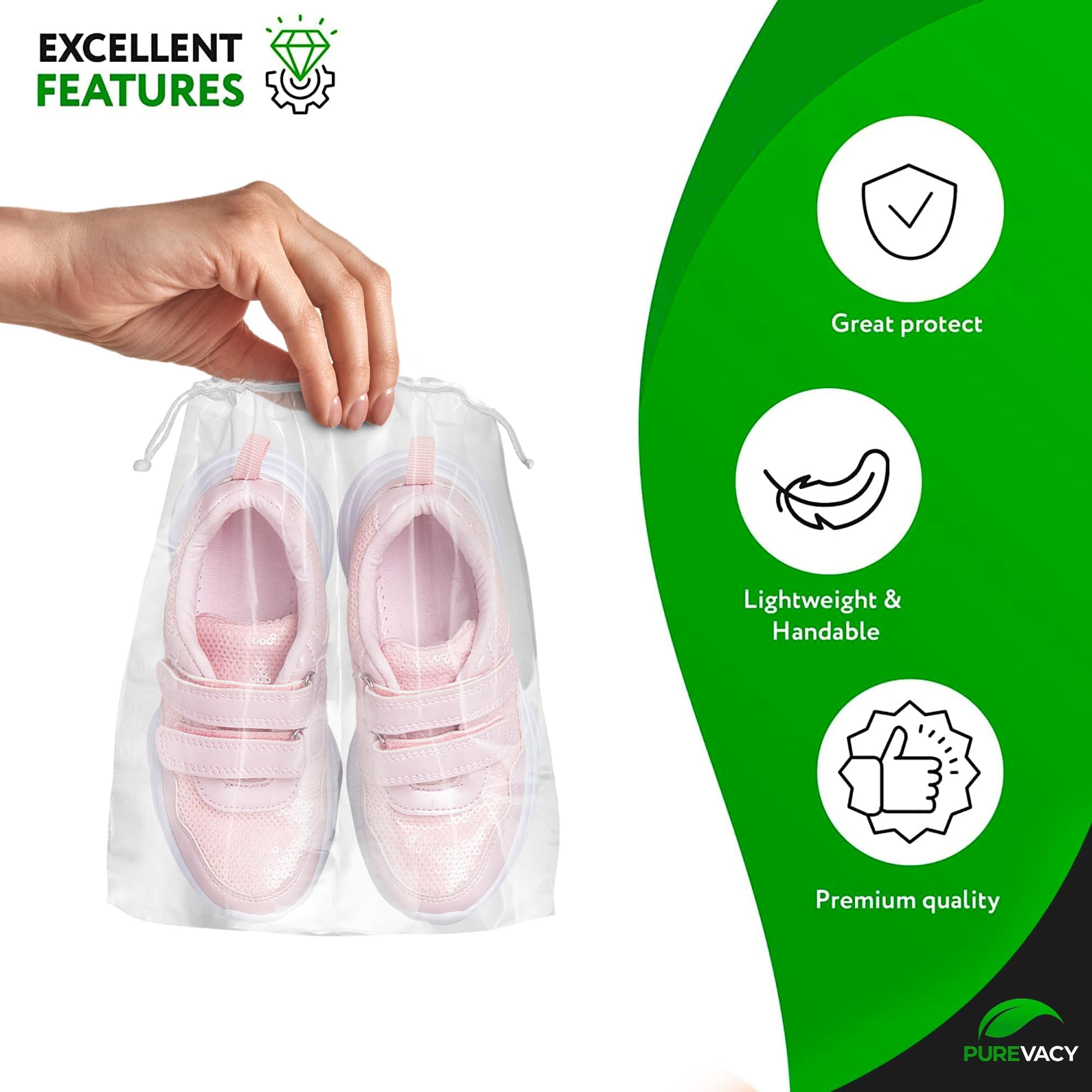 PUREVACY Shoe Bags Travel, Waterproof, Dust, Drawstring, Strong Cotton Drawstrings Clear, 8 x 10 Inches, 1000 Count