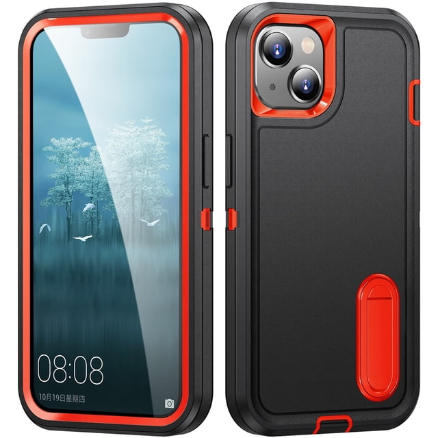 for iPhone 15 Case, iPhone 15 Phone Case with Built in Kickstand, Shockproof/Dustproof/Drop Proof Heavy Duty Military-Grade Rugged Protective Cover for iPhone 15,Black+Orange,For iPhone 15