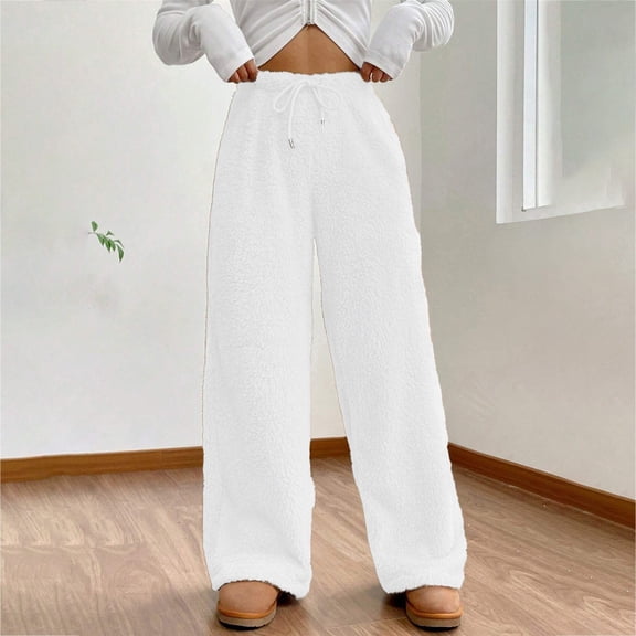 Endives Women's Lounge Pants Fuzzy Plush Pajama Pants Elastic Waist Wide Leg Bottoms Pants Winter Warm