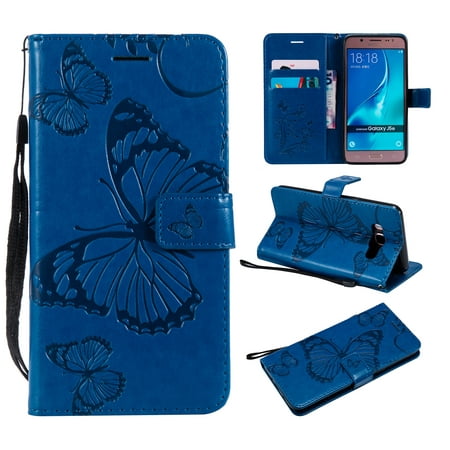 Galaxy J5 2016 Case, Galaxy J5 J510 Case - Allytech Premium Wallet PU Leather Embossed Butterfly Protecive Case Card Holders Flip Cover with Hand Strap for Samsung Galaxy J5 J510 (2016), Blue