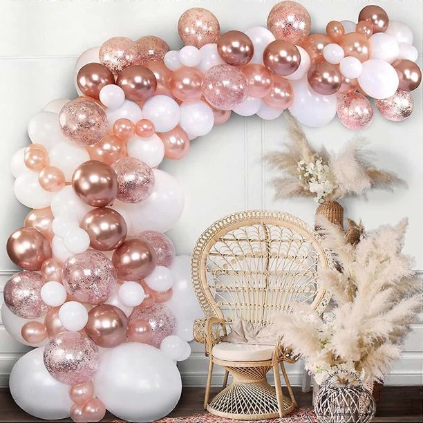 Kit de guirnalda de globos de oro rosa, 146 piezas de globos metálicos de oro rosa y globos de látex blanco. Kit de guirnalda de arco de globos DIY para despedidas de soltera o boda.