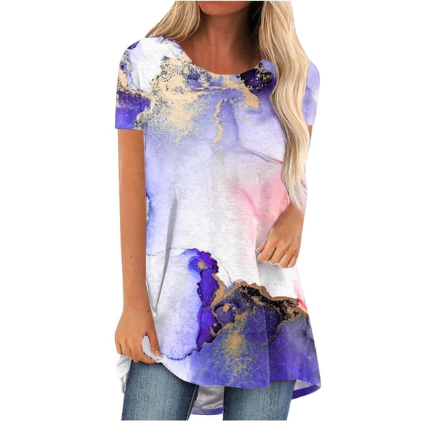 Blusa informal de manga corta con cuello redondo y estampado suelto de verano para mujer con estilo OAVQHLG3B Store lin121212