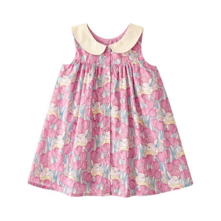 

WuLIQna Girls Bohemian Dresses Floral Sleeveless Rainbow Beach with Necklace 2-12T Summer Dress Little Girl Baby Fashion Bucolic Cherry Print Short Sleeved Lapel A Line Dress