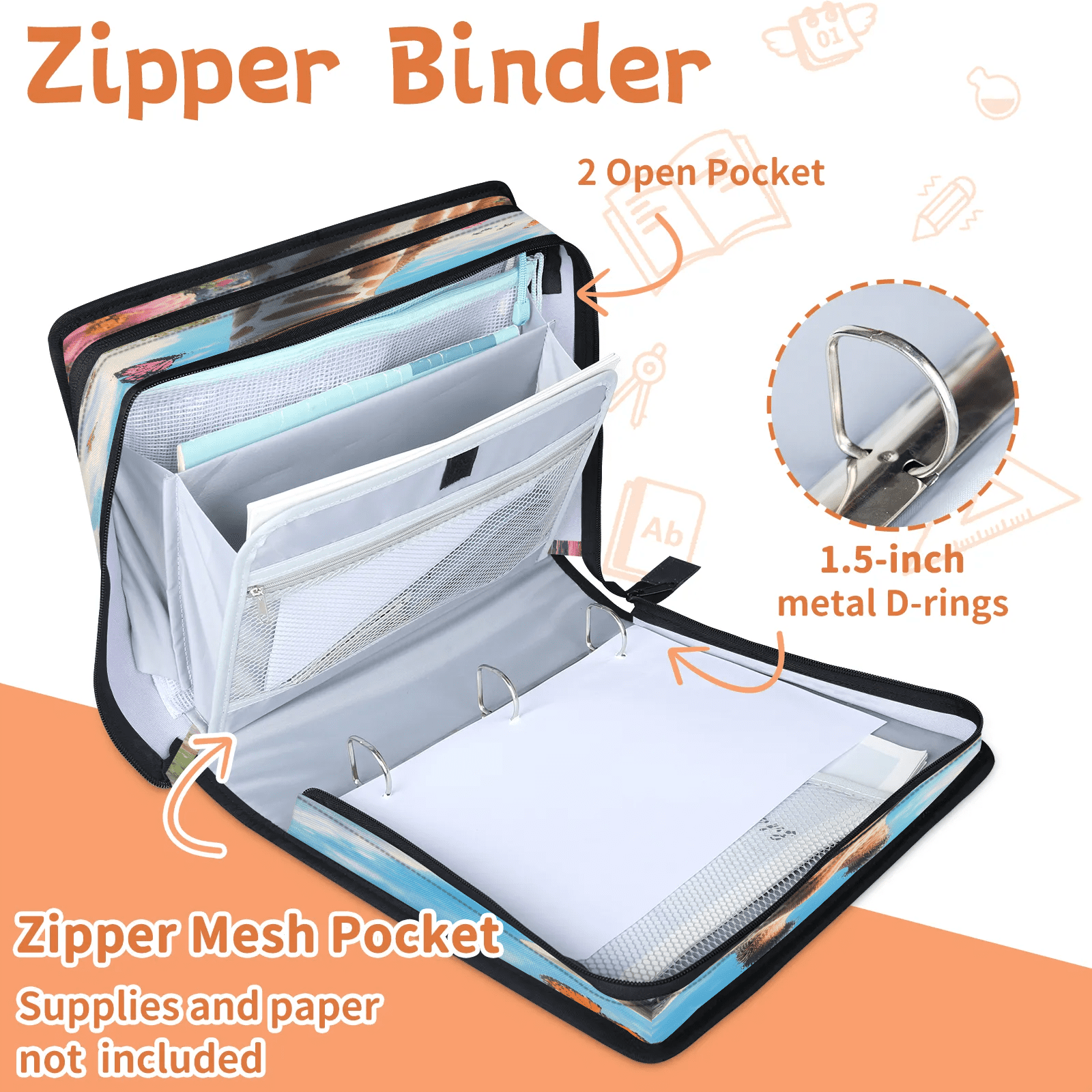 Herdesigns Giraffe Zipper Binder with Shoulder Strap, Waterproof 1.5 Inch 3 D-Ring Binder Organizer Bag, Fits 13 Inch Laptop for Work, Cute