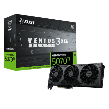 MSI GeForce RTX 5070 Ti 16G VENTUS 3X PZ OC BLACK Graphics Card, 16GB GDDR7, DPx3, HDMIx1, DLSS 4, Zero-Trace Power Path