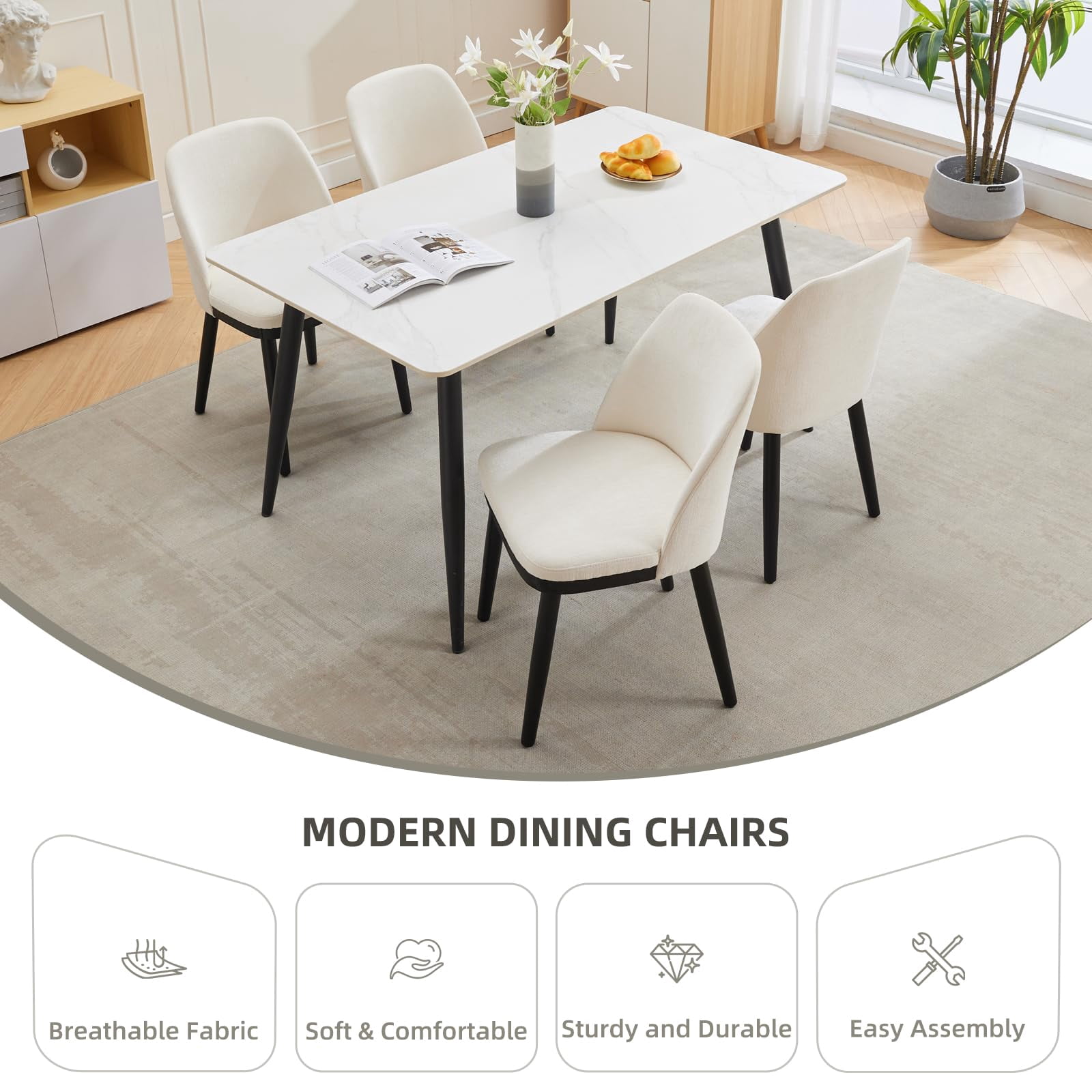 GARVEE Upholstered Dining Chairs Set of 2,Modern Linen Accent Chair with Curved Backrest&Wooden Legs for Kitchen,Home,Restaurant,White