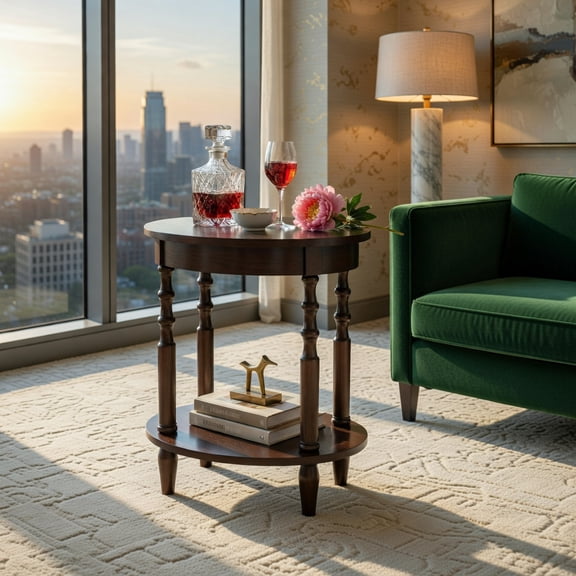 Demi Bonn End Table, Oval End Table, 2-Tier Oval Side Table with Storage Shelf and Solid Wood Legs, Sofa Side Table, Bed Side Table, for Living Room, Bedroom, Espresso