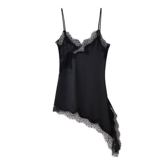 DHFJKG Women Lace Trim Nightgown Spaghetti Strap Cami Sleeveless Chemise Sleepwear Sleep Dress Asymmetrical Trendy Nightdress