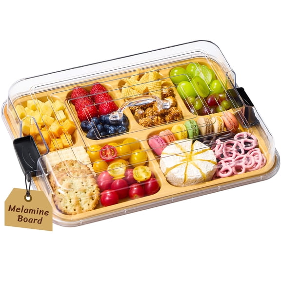 Norcho 6-Compartment Charcuterie Board with Lockable Clear Lid, 11" × 14" Portable Cheese Board Serving Platter with Cover for Snacks, Fruit & Appetizers