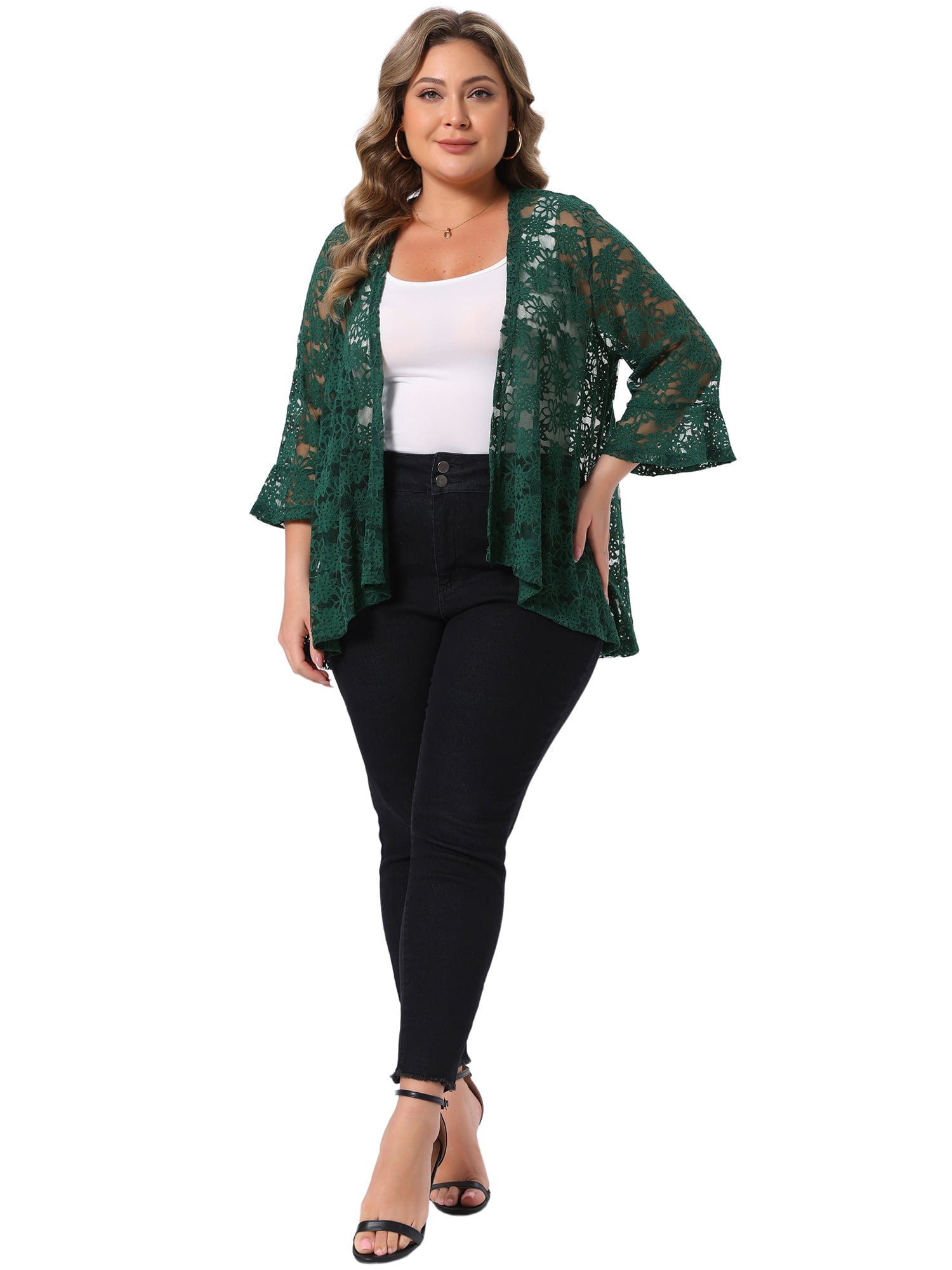 DARING DIVA Women's Plus Size Casual Open Front 3/4 Sleeve Sheer Lace Cardigan 4X Green