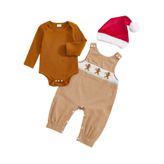 BemeyourBBs Newborn Baby Boy Girl Christmas Outfit Romper Plaid Gingerbread Man Snowmen Santa Overall Pants Hat Set Cute Infant Xmas Clothes