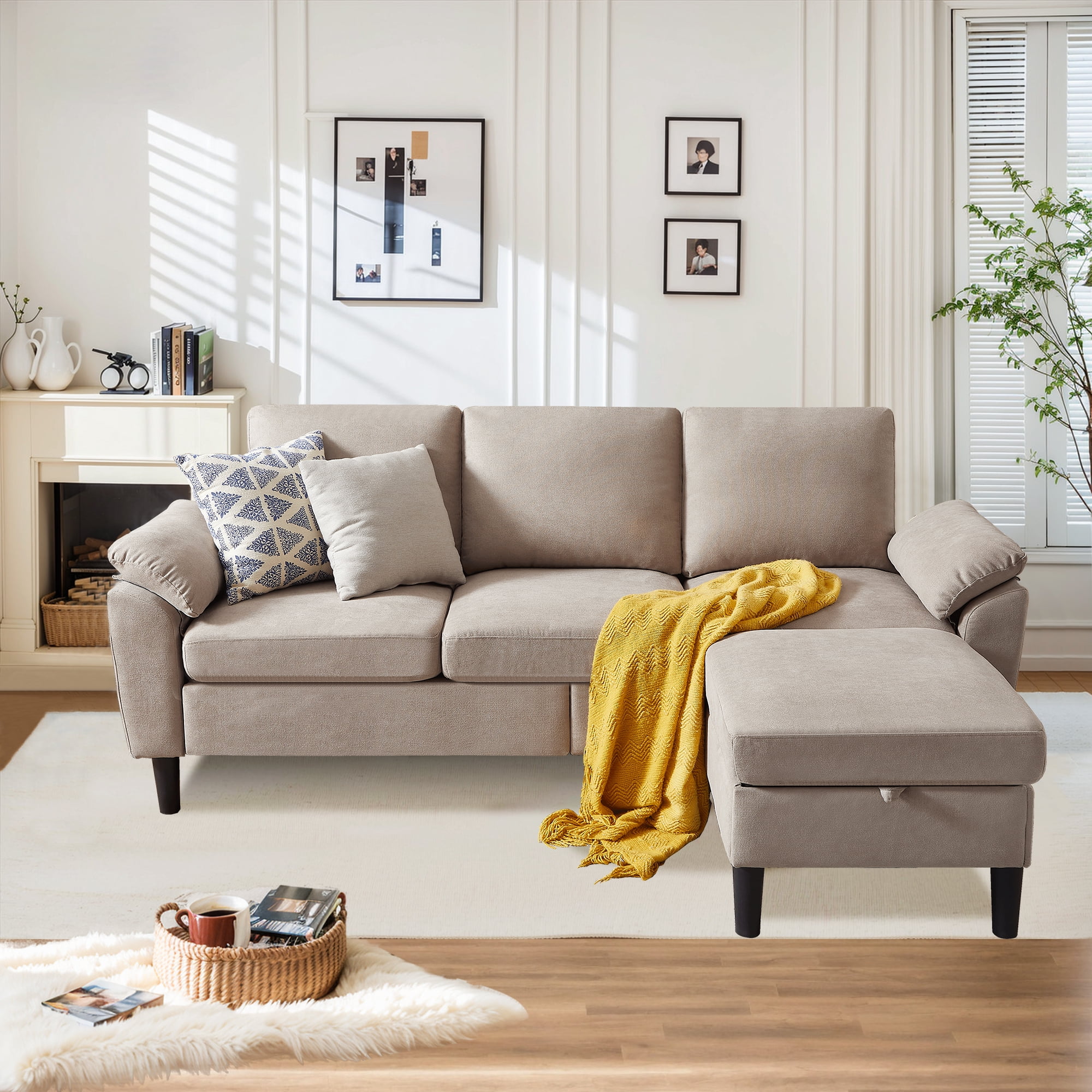 Pingliang Home 80" Sectional Sofa Couch,L Shaped 3 Seat with Reversible Storage Ottoman and Side Pockets, Modern Polyester Fabric Sofa Couches for Living Room Apartment Office Studio Small Space